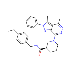 CCc1ccc(CNC(=O)[C@@H]2CCCN(c3nnc(C)c4c(C)n(-c5ccccc5)nc34)C2)cc1 ZINC000008594801