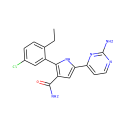 CCc1ccc(Cl)cc1-c1[nH]c(-c2ccnc(N)n2)cc1C(N)=O ZINC000142846937
