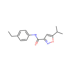 CCc1ccc(NC(=O)c2cc(C(C)C)on2)cc1 ZINC000003908829