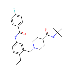 CCc1ccc(NC(=O)c2ccc(F)cc2)cc1CN1CCC(C(=O)NC(C)(C)C)CC1 ZINC001772625771