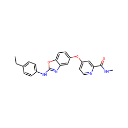 CCc1ccc(Nc2nc3cc(Oc4ccnc(C(=O)NC)c4)ccc3o2)cc1 ZINC000071340776