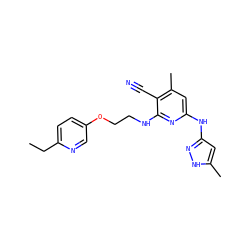 CCc1ccc(OCCNc2nc(Nc3cc(C)[nH]n3)cc(C)c2C#N)cn1 ZINC000116698027