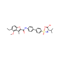 CCc1ccc2oc(C(=O)Nc3ccc(-c4ccc(S(=O)(=O)N[C@H](C(=O)O)C(C)C)cc4)cc3)c(C)c2c1OC ZINC000028526009