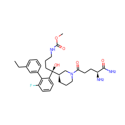 CCc1cccc(-c2c(F)cccc2[C@](O)(CCCNC(=O)OC)[C@@H]2CCCN(C(=O)CC[C@H](N)C(N)=O)C2)c1 ZINC000201928360