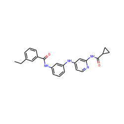 CCc1cccc(C(=O)Nc2cccc(Nc3ccnc(NC(=O)C4CC4)c3)c2)c1 ZINC000653852834