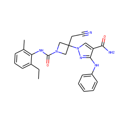 CCc1cccc(C)c1NC(=O)N1CC(CC#N)(n2cc(C(N)=O)c(Nc3ccccc3)n2)C1 ZINC000222088081