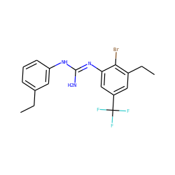 CCc1cccc(N/C(N)=N/c2cc(C(F)(F)F)cc(CC)c2Br)c1 ZINC000096903182