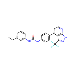 CCc1cccc(NC(=O)Nc2ccc(-c3ccnc4[nH]nc(C(F)(F)F)c34)cc2)c1 ZINC001772579291