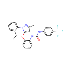 CCc1ccccc1-n1nc(C)cc1Oc1ccccc1NC(=O)Nc1ccc(C(F)(F)F)cc1 ZINC000029045255