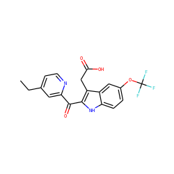 CCc1ccnc(C(=O)c2[nH]c3ccc(OC(F)(F)F)cc3c2CC(=O)O)c1 ZINC000073198367