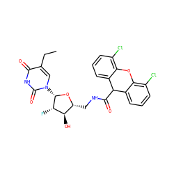CCc1cn([C@@H]2O[C@H](CNC(=O)C3c4cccc(Cl)c4Oc4c(Cl)cccc43)[C@@H](O)[C@@H]2F)c(=O)[nH]c1=O ZINC000029398797
