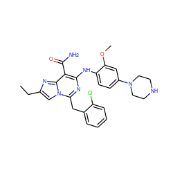 CCc1cn2c(Cc3ccccc3Cl)nc(Nc3ccc(N4CCNCC4)cc3OC)c(C(N)=O)c2n1 ZINC000200873142