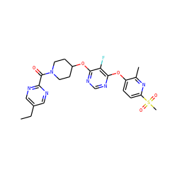 CCc1cnc(C(=O)N2CCC(Oc3ncnc(Oc4ccc(S(C)(=O)=O)nc4C)c3F)CC2)nc1 ZINC000299833285