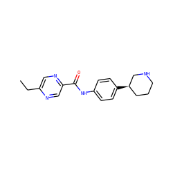 CCc1cnc(C(=O)Nc2ccc([C@@H]3CCCNC3)cc2)cn1 ZINC000117721475