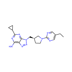 CCc1cnc(N2CC[C@@H](Cn3nnc4c(N)nc(C5CC5)nc43)C2)nc1 ZINC000084688788