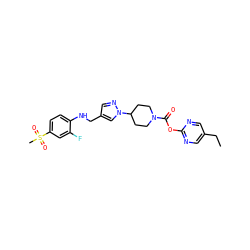 CCc1cnc(OC(=O)N2CCC(n3cc(CNc4ccc(S(C)(=O)=O)cc4F)cn3)CC2)nc1 ZINC000095594724