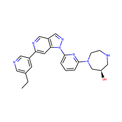 CCc1cncc(-c2cc3c(cn2)cnn3-c2cccc(N3CCNC[C@@H](O)C3)n2)c1 ZINC000210420107