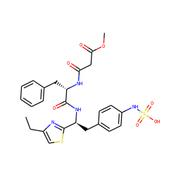 CCc1csc([C@H](Cc2ccc(NS(=O)(=O)O)cc2)NC(=O)[C@H](Cc2ccccc2)NC(=O)CC(=O)OC)n1 ZINC000140431264