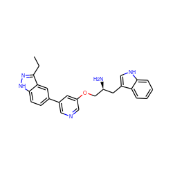 CCc1n[nH]c2ccc(-c3cncc(OC[C@@H](N)Cc4c[nH]c5ccccc45)c3)cc12 ZINC000034323559