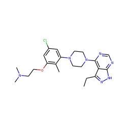 CCc1n[nH]c2ncnc(N3CCN(c4cc(Cl)cc(OCCN(C)C)c4C)CC3)c12 ZINC000084634030