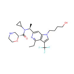 CCc1nc([C@H](C)N(C(=O)[C@H]2CNCCO2)C2CC2)cc2c1c(C(F)(F)F)cn2CCCCO ZINC001772645851