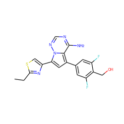 CCc1nc(-c2cc(-c3cc(F)c(CO)c(F)c3)c3c(N)ncnn23)cs1 ZINC000224958153