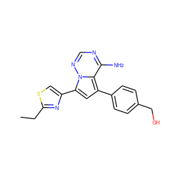 CCc1nc(-c2cc(-c3ccc(CO)cc3)c3c(N)ncnn23)cs1 ZINC000224965739