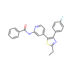 CCc1nc(-c2ccc(F)cc2)c(-c2ccnc(NC(=O)c3ccccc3)c2)s1 ZINC000013673403