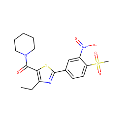 CCc1nc(-c2ccc(S(C)(=O)=O)c([N+](=O)[O-])c2)sc1C(=O)N1CCCCC1 ZINC000084690549