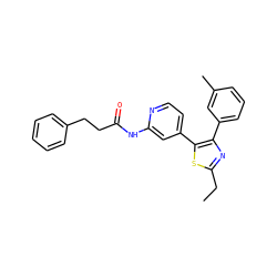 CCc1nc(-c2cccc(C)c2)c(-c2ccnc(NC(=O)CCc3ccccc3)c2)s1 ZINC000013673385
