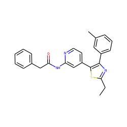 CCc1nc(-c2cccc(C)c2)c(-c2ccnc(NC(=O)Cc3ccccc3)c2)s1 ZINC000013673383