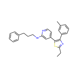 CCc1nc(-c2cccc(C)c2)c(-c2ccnc(NCCCc3ccccc3)c2)s1 ZINC000013673391