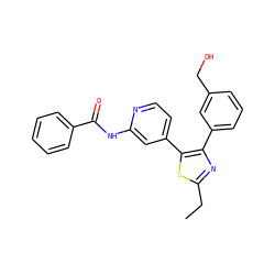 CCc1nc(-c2cccc(CO)c2)c(-c2ccnc(NC(=O)c3ccccc3)c2)s1 ZINC000169326194