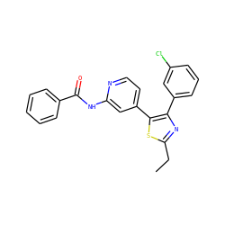 CCc1nc(-c2cccc(Cl)c2)c(-c2ccnc(NC(=O)c3ccccc3)c2)s1 ZINC000013673399