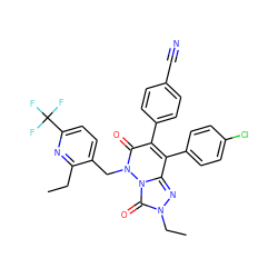 CCc1nc(C(F)(F)F)ccc1Cn1c(=O)c(-c2ccc(C#N)cc2)c(-c2ccc(Cl)cc2)c2nn(CC)c(=O)n21 ZINC000169346549