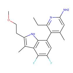 CCc1nc(N)cc(C)c1-c1cc(F)c(F)c2c(C)c(CCOC)[nH]c12 ZINC001772630596