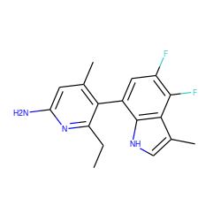 CCc1nc(N)cc(C)c1-c1cc(F)c(F)c2c(C)c[nH]c12 ZINC001772635550