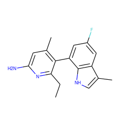 CCc1nc(N)cc(C)c1-c1cc(F)cc2c(C)c[nH]c12 ZINC001772601496