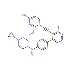 CCc1nc(N)ccc1C#Cc1c(-c2ccc(C(=O)N3CCN(C4CC4)CC3)c(F)c2)ccnc1C ZINC000202384889