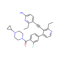CCc1nc(N)ccc1C#Cc1c(-c2ccc(C(=O)N3CCN(C4CC4)CC3)c(F)c2)ccnc1CC ZINC000202387602
