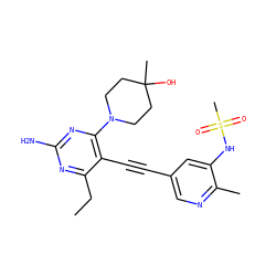CCc1nc(N)nc(N2CCC(C)(O)CC2)c1C#Cc1cnc(C)c(NS(C)(=O)=O)c1 ZINC000169697506