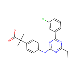 CCc1nc(Nc2ccc(C(C)(C)C(=O)O)cc2)nc(-c2cccc(Cl)c2)n1 ZINC000219572950