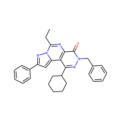 CCc1nc2c(=O)n(Cc3ccccc3)nc(C3CCCCC3)c2c2cc(-c3ccccc3)nn12 ZINC000299819855