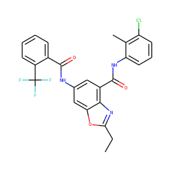 CCc1nc2c(C(=O)Nc3cccc(Cl)c3C)cc(NC(=O)c3ccccc3C(F)(F)F)cc2o1 ZINC000207743402
