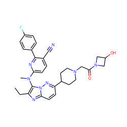 CCc1nc2ccc(C3CCN(CC(=O)N4CC(O)C4)CC3)nn2c1N(C)c1ccc(C#N)c(-c2ccc(F)cc2)n1 ZINC001772613454