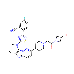 CCc1nc2ccc(C3CCN(CC(=O)N4CC(O)C4)CC3)nn2c1N(C)c1nc(-c2ccc(F)cc2C#N)ns1 ZINC001772656354