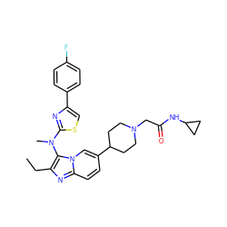 CCc1nc2ccc(C3CCN(CC(=O)NC4CC4)CC3)cn2c1N(C)c1nc(-c2ccc(F)cc2)cs1 ZINC000217828976