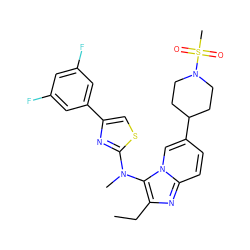 CCc1nc2ccc(C3CCN(S(C)(=O)=O)CC3)cn2c1N(C)c1nc(-c2cc(F)cc(F)c2)cs1 ZINC001772604386