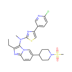 CCc1nc2ccc(C3CCN(S(C)(=O)=O)CC3)cn2c1N(C)c1nc(-c2ccc(Cl)nc2)cs1 ZINC001772608029