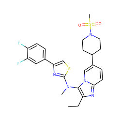 CCc1nc2ccc(C3CCN(S(C)(=O)=O)CC3)cn2c1N(C)c1nc(-c2ccc(F)c(F)c2)cs1 ZINC000224393194